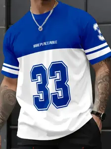 Unisex Letter Printed Short Sleeve Tee, Loose Fit Casual Top Without Zipper, Blue Block Streetwear Style