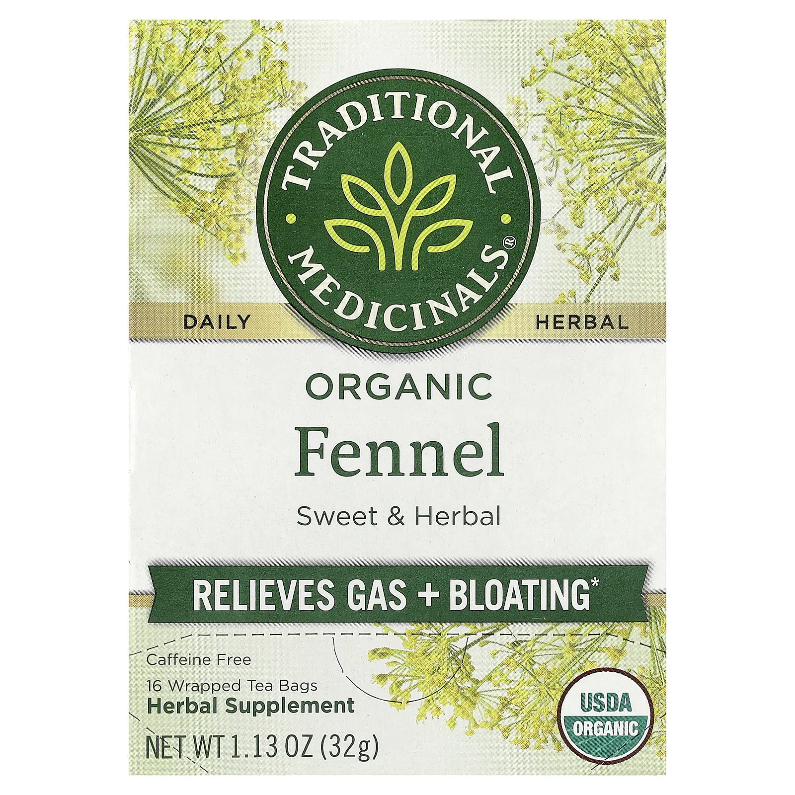 Traditional Medicinals Organic Fennel, Caffeine Free, 16 Wrapped Tea Bags, 1.13 oz (32 g)