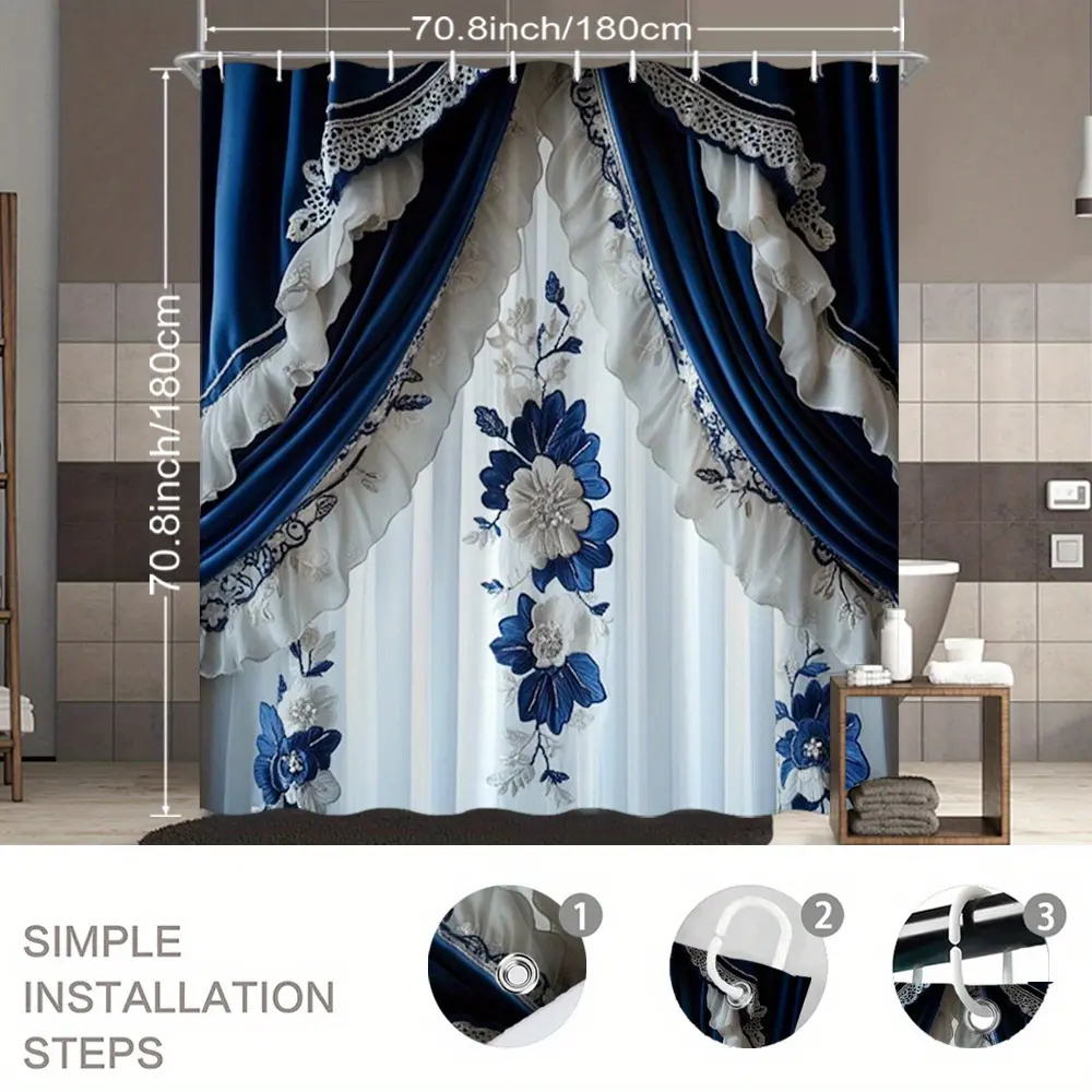 [2D Flat Printing]1pcs Elegant Flower Shower Curtain Navy Blue Floral Pattern with Ruffled Trim for Stylish Bathroom Decoration Bathtub Partition Curtain Set 70.8x70.8 Inch with 12 Hooks, 2D Flat