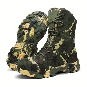 Men's high top camouflage hiking boots, outdoor climbing work boots with zipper closure, nylon fabric, rubber sole, non-slip EVA insole, striped pattern, all year outdoor shoe style