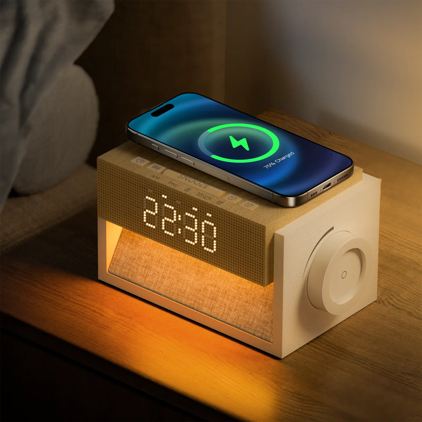 Sleep White Noise Alarm Clock with Wireless Charging 20 Sounds Dual Alarm Snooze Dimmable Display Knob Control for Bedroom Perfect Sleep Gifts