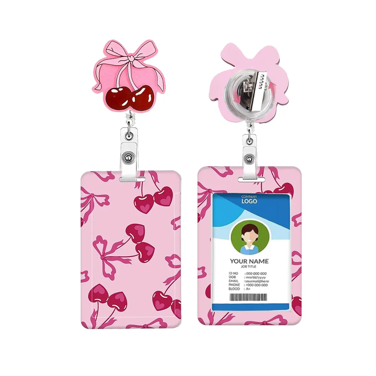Cute Cherry ID Badge Holder Set, Retractable Badge Reel, Rotating Clip, Nurse Assistant Office Supplies, Valentine's Day Gift, Retractable Badge Scroll, Valentines Badge Reel, Id Badge Holders Retractable, Badge Reels Retractable, Id Holders For Badges