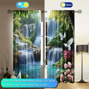 2 Natural Style Waterfall Forest Landscape Polyester Curtains - Light Filtering, Rod Pocket Design, Machine Washable, Perfect for Bedroom, Office, Kitchen, Living Room, Study Room Decoration (Rodless), Bedroom Decor, Living Room Curtains