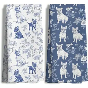 French Bulldog Kitchen Towels Set of 2, 16x24 Inch Blue Floral Toile Dish Towels, Absorbent Tea Towels for Kitchen Decor, Frenchie Dog Lover Gifts for Women