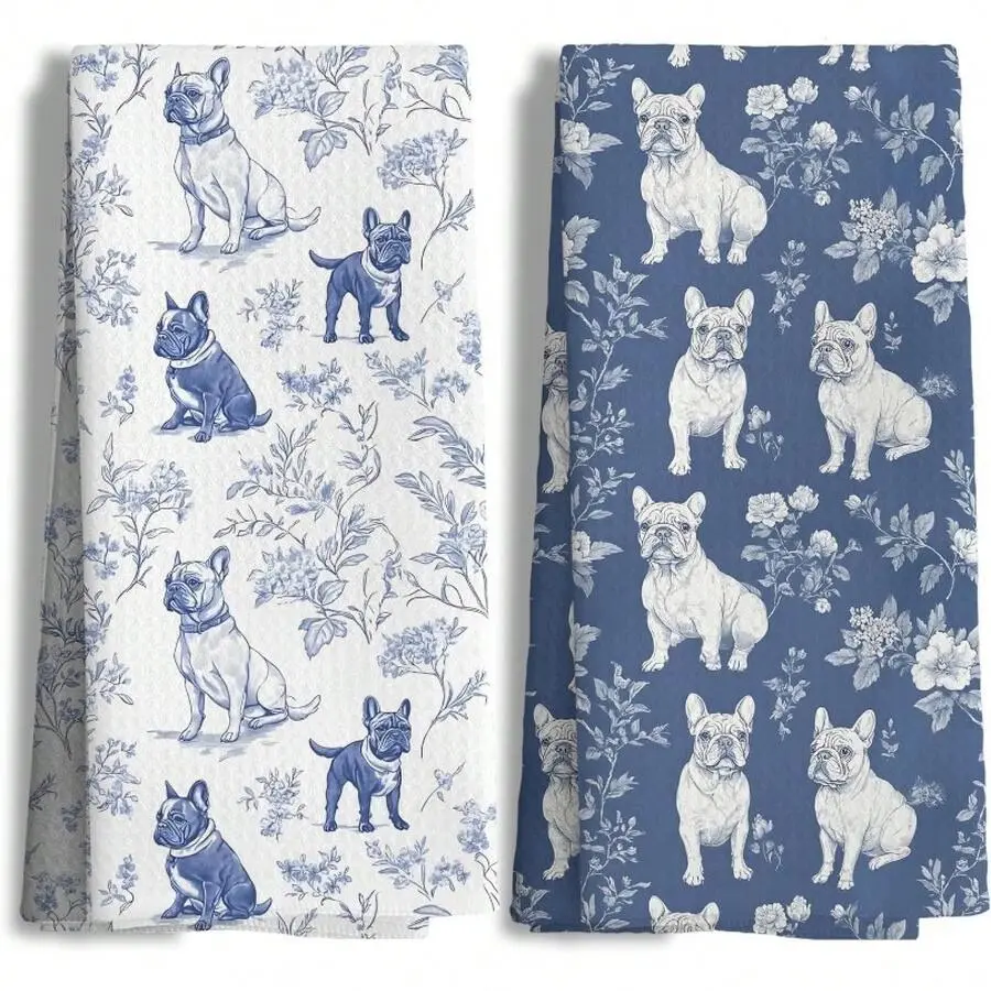 French Bulldog Kitchen Towels Set of 2, 16x24 Inch Blue Floral Toile Dish Towels, Absorbent Tea Towels for Kitchen Decor, Frenchie Dog Lover Gifts for Women