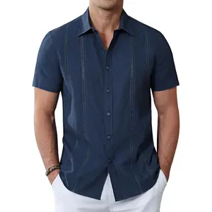 Men's Cuban Guayabera Shirts Cotton Linen Short Sleeve Button Down Shirts Casual Summer Beach Camp Shirt