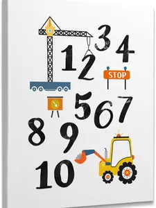 Educational 123 Numbers Construction Trucks Framed Canvas Wall Art Decor, Number Learning Print Painting Artwork Home Wall Decoration For Nursery Classroom Kids Toddler Boy Room Bedroom SHJY-02218