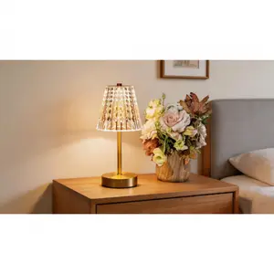 Rechargeable cordless table lamp with gold finish, built-in 5000mAh battery. Mini crystal touch lamp, suitable for dining areas, bathrooms, kitchen counters and indoor decorative lighting.   SURE