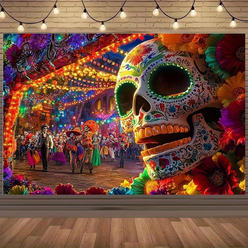 1pc 2D Flat Large Dia de los Muertos Sugar Skull Party Backdrop Vibrant Mexican Folk Art Wall Decoration with Calavera Design Colorful Papel Picado & Marigold Garland No Electricity Needed Durable for Day of the De Banners Ornaments