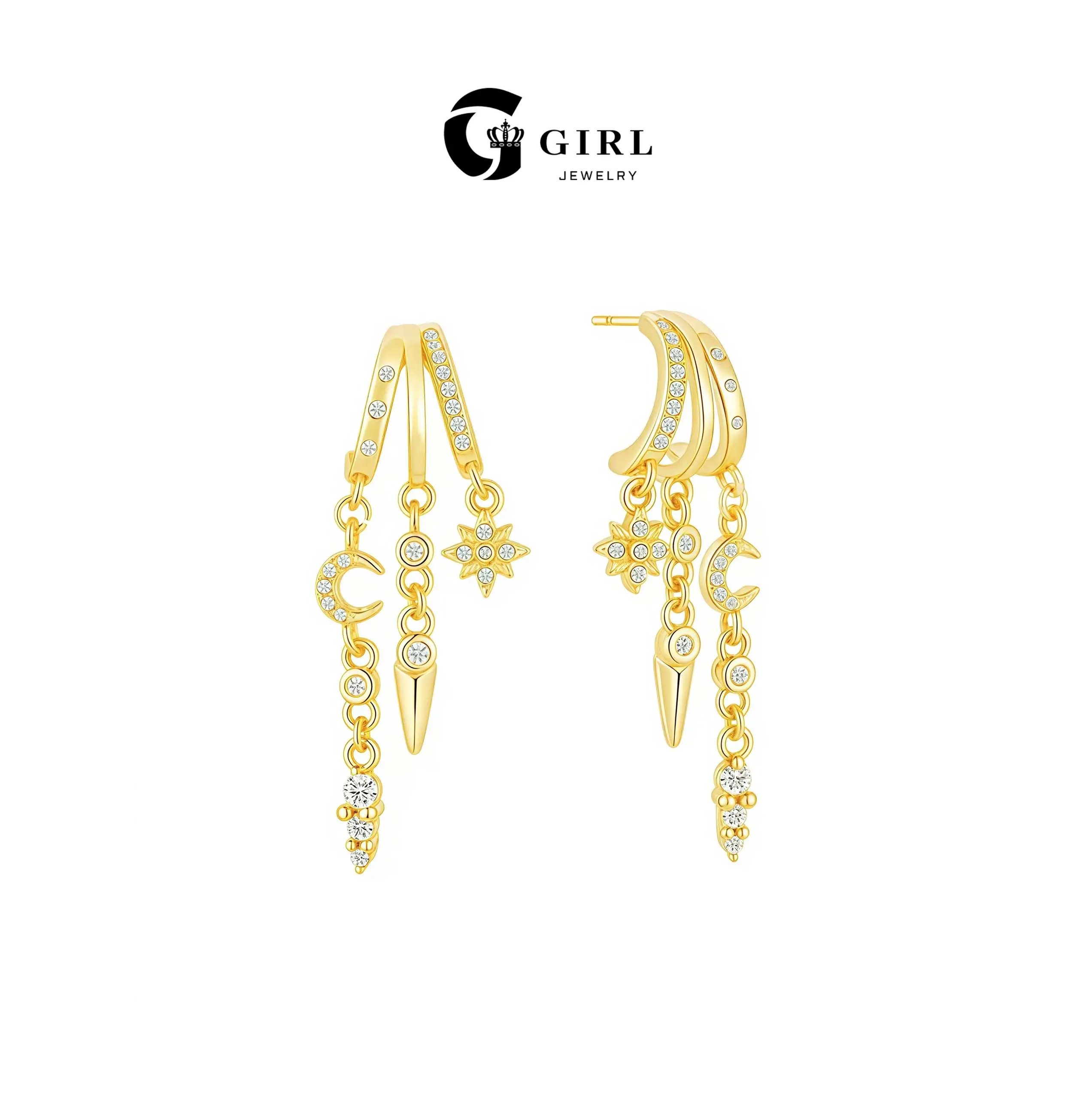 GGIRL 14K Gold Plated Triple Layer Huggie Hoop Drop Earrings for Women, Hypoallergenic Zircon Moon Star Cross Multi Pendant Long Dangle Chain Earrings Trendy Stacked Long Tassel Statement Earrings Ideal Birthday Valentine’s Day Jewelry Gift for Her