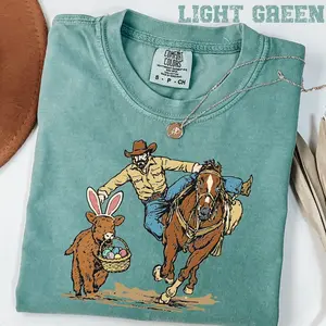 Comfort Colors Cowboy Easter Shirt Funny Bunny Cowgirl Graphic Tee Western Rabbit Horse Rodeo Farm Easter Egg Hunt Women Gift