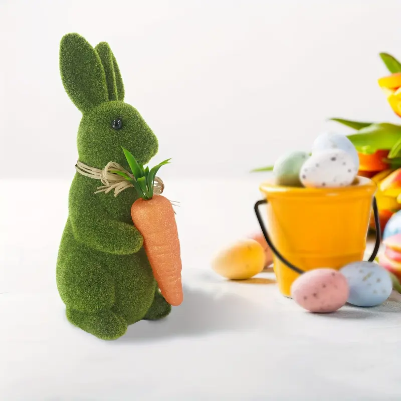 Easter Bunny Decor - 12" Lifelike Moss-Flocked Rabbit Statue, Green Furry Spring Easter Ornament for Home & Office Desk - Perfect Party Gift for Easter Celebrations