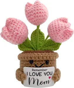 Mother's Day Gift Mini Birthday Gifts for Mother, Remember I Love You MOM, Handmade Crochet Cute Tulip Flower, Gift for Mom from Daughter or Son