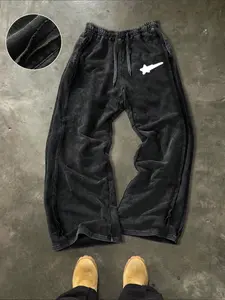 Men's Street Style Cotton Joggers, Loose Fit Wide Leg Pants, Elastic Waist Knit Sportswear, Casual Fashion for Daily Wear