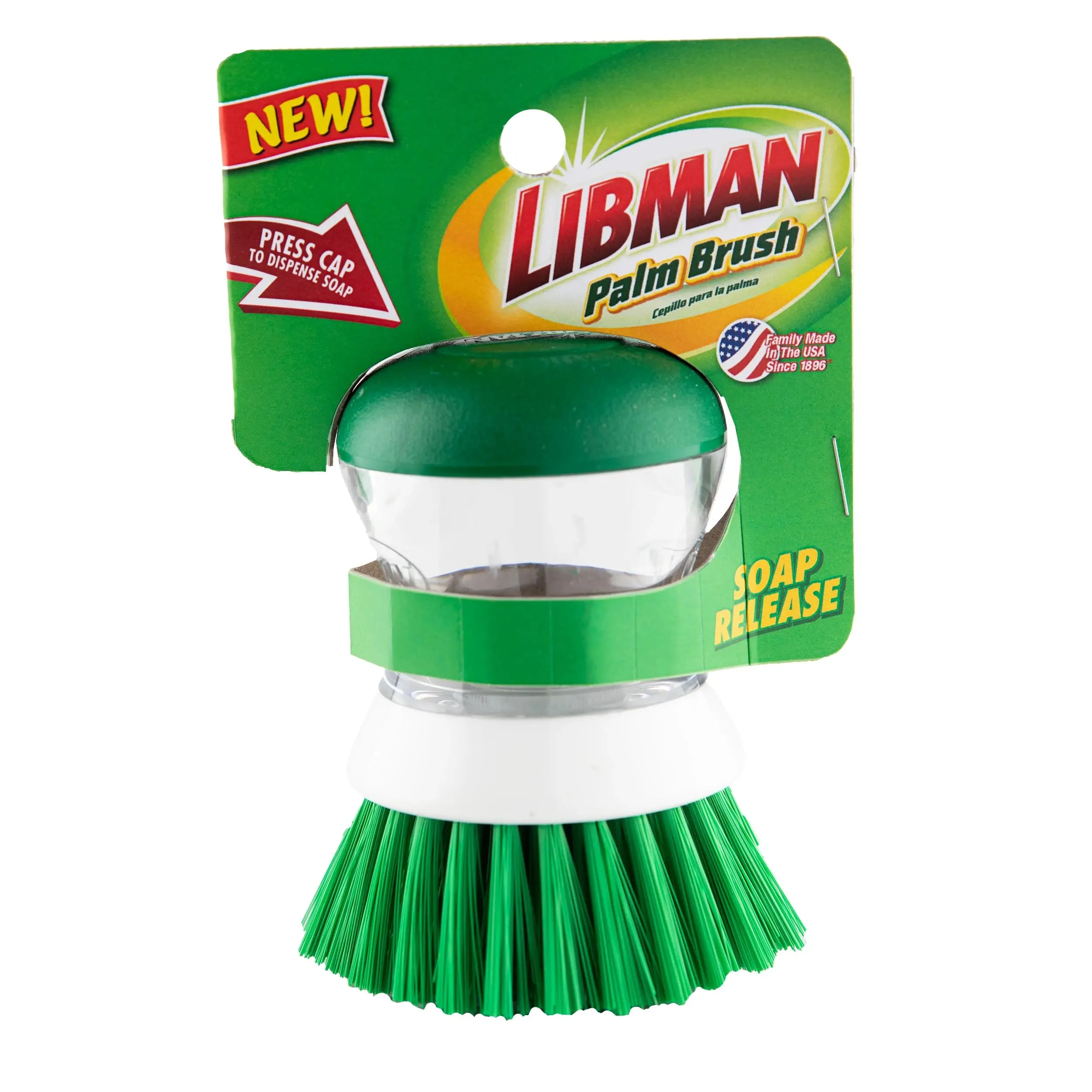 Libman Palm Dish Brush with Soap Dispenser for Pots, Pans & Sink Cleaning, Ergonomic Grip, Angled Bristles