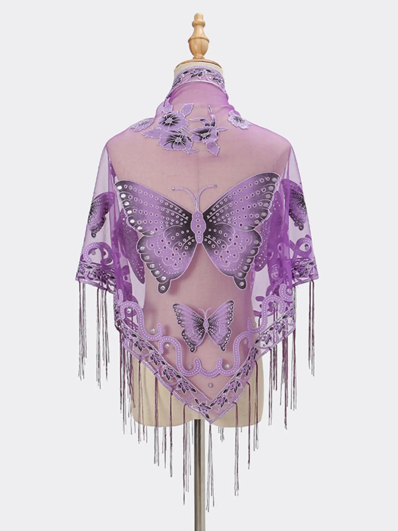 Spring Summer Fringe Triangle Scarf, Solid Color Lace Butterfly Embroidery, Women's Hollow Out Sheer Boho Style Shawl Wrap for Evening Dresses, Fashion Accessory