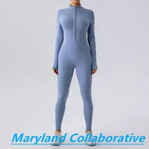 Zipper nude long-sleeved yoga jumpsuit women's sports fitness training dance one-piece jumpsuit