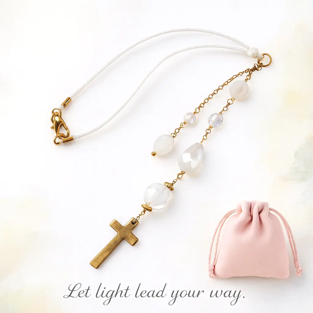 White Crystal Protection Charm | “Let Light Lead Your Way” Cross Pendant | 8-inch Healing Energy Chain | Car Mirror Charm | Purse Charm | DIY Bracelet Accessories | Angel Light Ornament