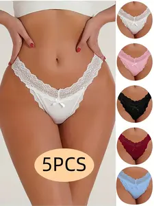 5PCS, Comfortable And Breathable Lace Women's Underwear, Soft And Seamless Invisible Thong, Bow Design Women's Sexy Lingerie Panties Womenswear Lady Bridal