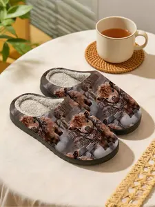 Cute Vintage Highland Cow Plush Slippers, Soft Farm Style, Cloud Warm Velvet, Anti-Slip Thick Sole, Winter Home Wear, Animal Lover