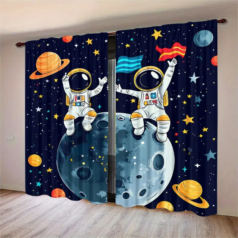 2-piece set - Astronaut theme - Printed semi-transparent curtains, rod bag curtains, suitable for home decoration in living rooms, bedrooms, dining rooms, hotels, dormitories, etc. Easy to clean and good for washing.