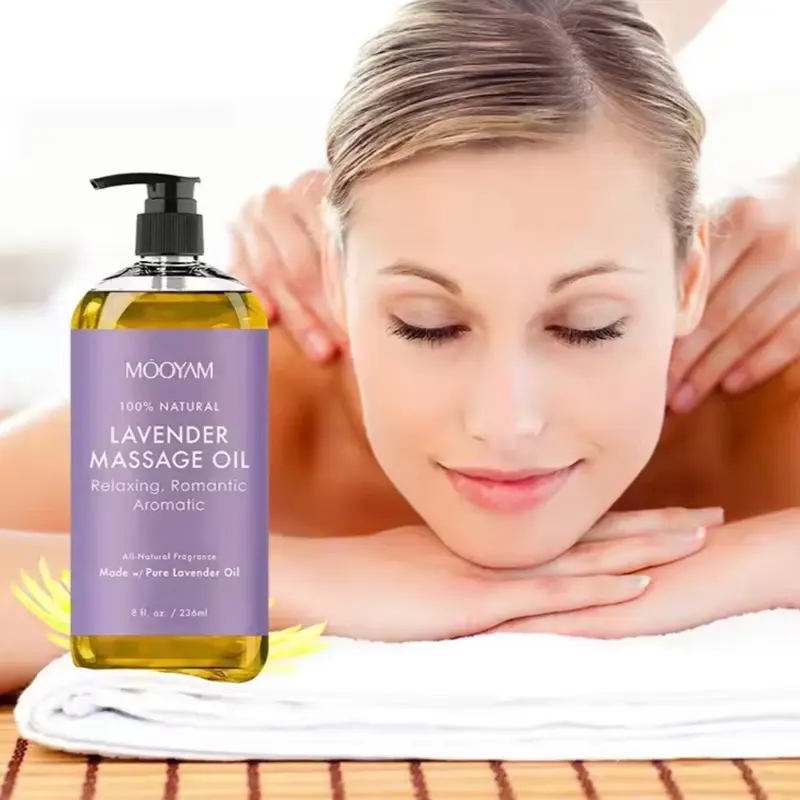 100% NATURAL  LAVENDER MASSAGE OIL  Relaxing, Romantic Aromatic  All-Natural Fragrance  Made w/ Pure Lavender Oil  ΜΟΟΥΛΜ  FRANKINCENSE MASSAGE OIL  w/ Geranium Oil Lime Oil, Lavender Oil & Grapefruit Oil  Rejuvenating Stretch Mark & Scar  8 fl. o