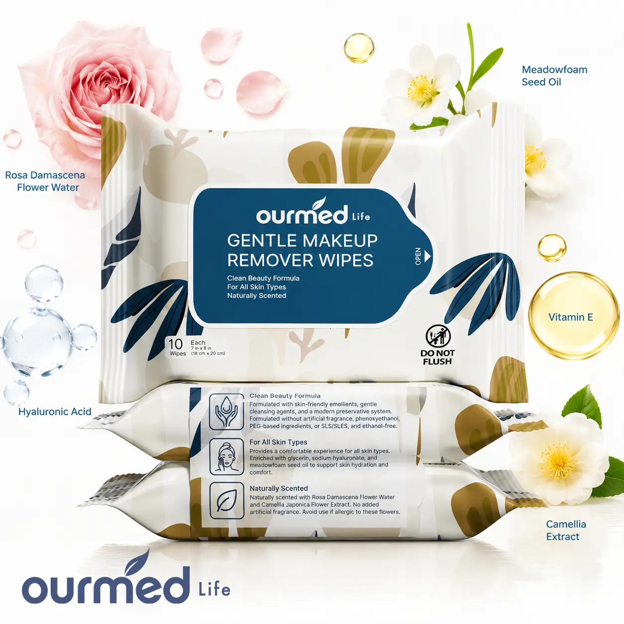 Ourmed Life Makeup Remover Wipes, Alcohol-Free Facial Cleansing Wipes Remove Waterproof Mascara, Biodegradable Plant-Based Wipes with Hyaluronic Acid & Vitamin E, Gentle for Sensitive Skin, 30/60 Count | Korean Skincare