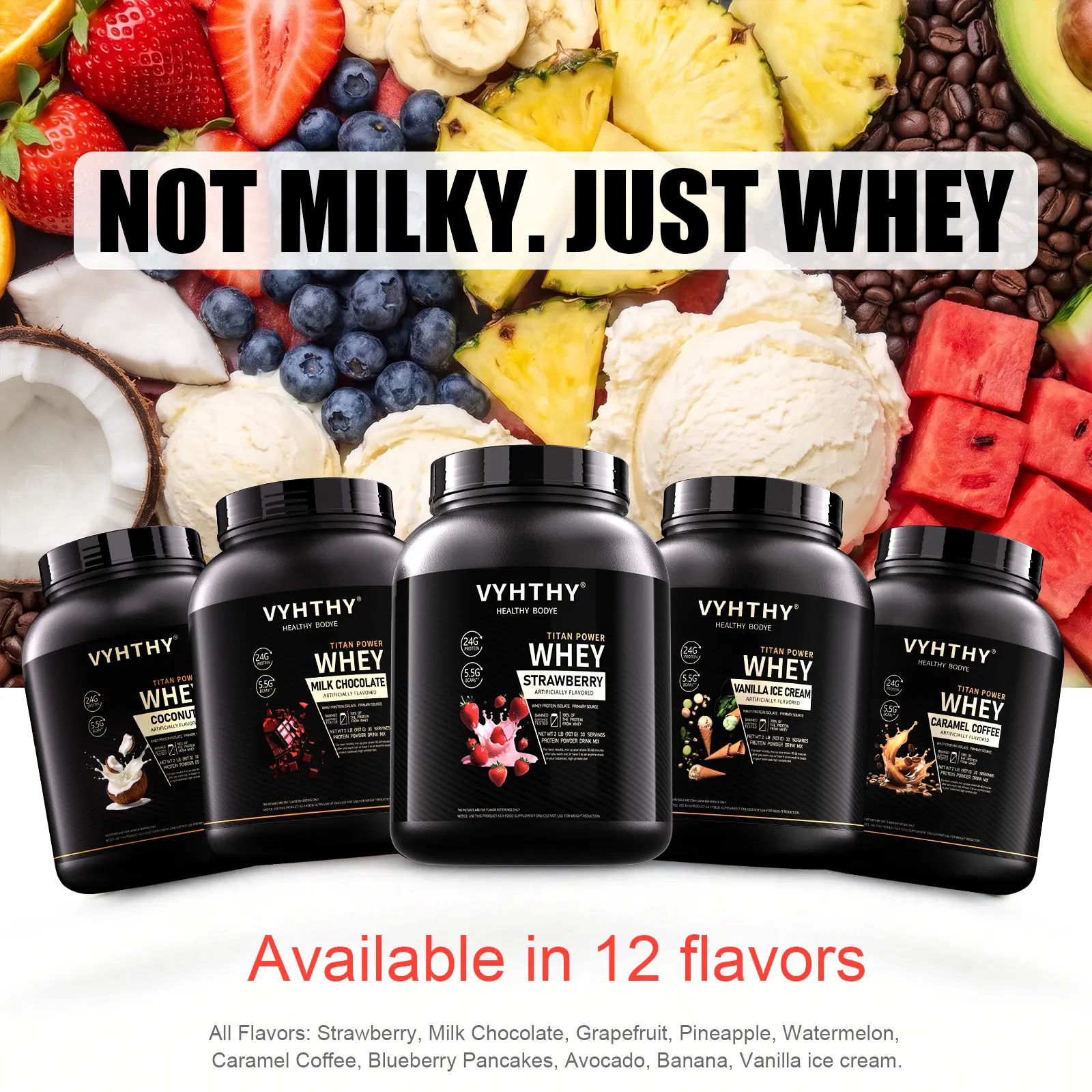 VYHTHY Whey Protein Isolate Powder - Tropical Fruit Flavor (12 Flavors Available), 24g Protein, 5.5g BCAAs, Sugar-Free, Low-Calorie, Post-Workout Muscle Recovery Support, Large Size