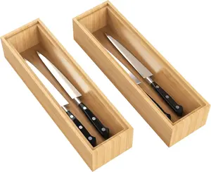 2PCS Stackable Storage Boxes for Utensil Organizer, Wood Tray for kitchen, Bathroom and Bedroom 12" x 3" x 2"