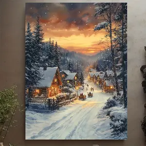 1 piece holiday snow scene village sunset canvas print, framed - Elegant Christmas tree scene, watercolor poster, featuring Santa's sleigh and reindeer, holiday art, packaged canvas, recycled wood frame, hook installation, Christmas village decoration