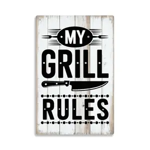 My Grill Rules BBQ Kitchen Tin Sign， Vintage Barbecue Grill Master Metal Sign Print Aesthetic Room Decoration for Home Bedroom Kitchen Bar Dorm Bathroom Wall Decor 8 X 12 Inch