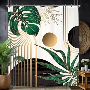 Abstract Sage Green Shower Curtain, Modern Mid Century Minimalist Plant Leaves Geometric Neutral Waterproof Bathroom Decor, Bathroom Decoration Accessories