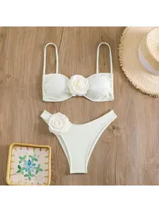 2 Piece Set Women's Camellia Decor Drawstring Tie Back Swim Bra & High Cut Swim Panty Bikini Set, Tie Back Bikinis, Tummy Control Swimwear for Beach Holiday Vacation