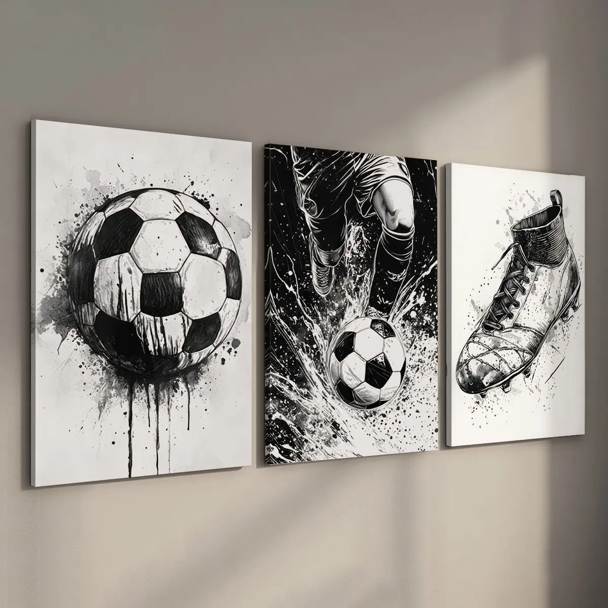 [Ready to Hang] 3pcs Soccer Stretched Canvas Inspirational Wall Art, Black & White Sports Framed Prints, Gallery Wrapped Football Artwork for Gym & Kids Room, Cool Soccer Gifts for Athletes, Wall Decor (Internal Wood Frame Included)