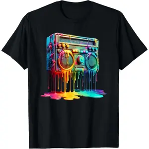Dripping Paint Boombox Old School 80s Music Hip Hop T-Shirt  Graphic tees Casual Cotton