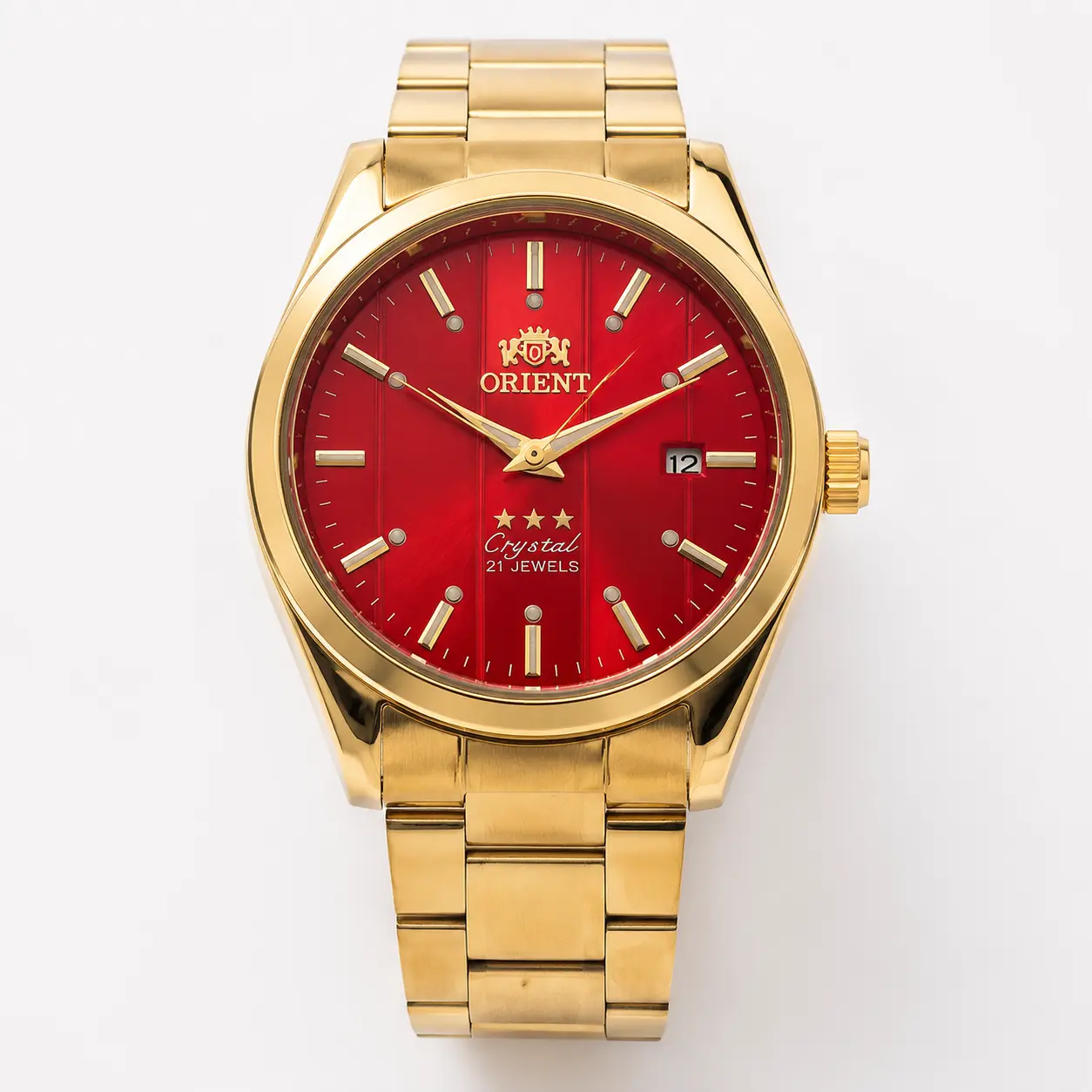 Men's "3 Star" Series Automatic Mechanical Watch - All-Gold Stainless Steel Bracelet, Vibrant Red Dial, Luminous Markers, Date Display, 21-Jewel Movement, Business-Casual Fashion Wrist Watch
