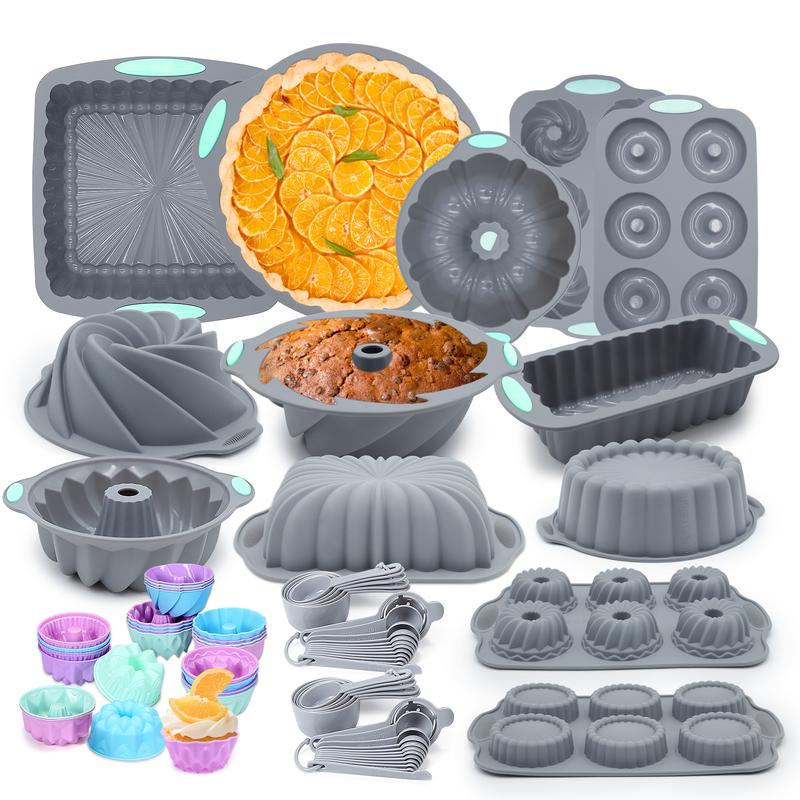 46/25 Pieces，Silicone Bakeware Set, Non-Stick Kitchen Oven Baking Pans, Silicone Cake Molds with Cake Pan, Chiffon Cake Pan, Donut Pan, Charlotte Cake Pan, Square Cake Pan and Loaf Panilicone .Dishwasher safe,Halloween gift. Birthday Fluted Bundt Cake Pan