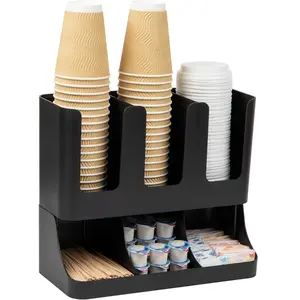 Cup and Condiment Station, Countertop Coffee Bar Organizer with 6 Compartments, Storage Caddy for Cups Lids and Packets, Plastic, Black