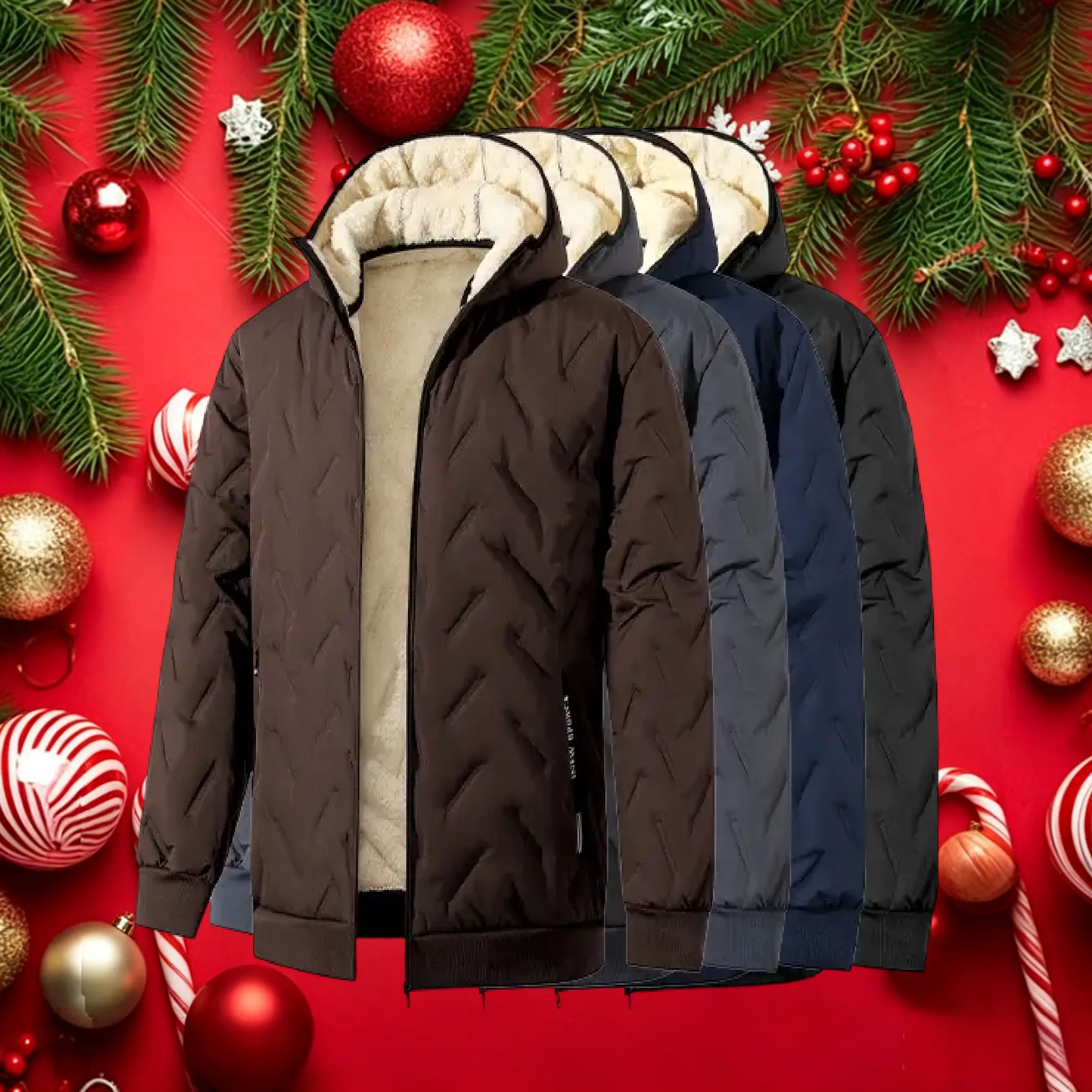 Men’s thick ribbed fleece-lined quilted warm hooded winter down jacket — insulated zip-up outerwear that supports layering, suitable for cold outdoor use, minimalist design fashion jacket