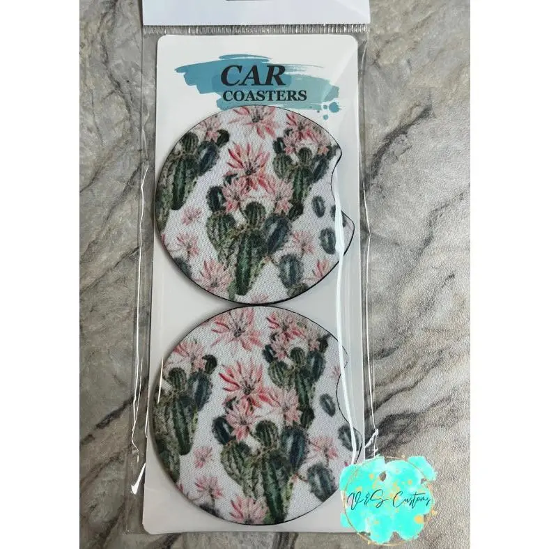Cactus w/ Pink Flowers - Car Coasters (Set of 2)