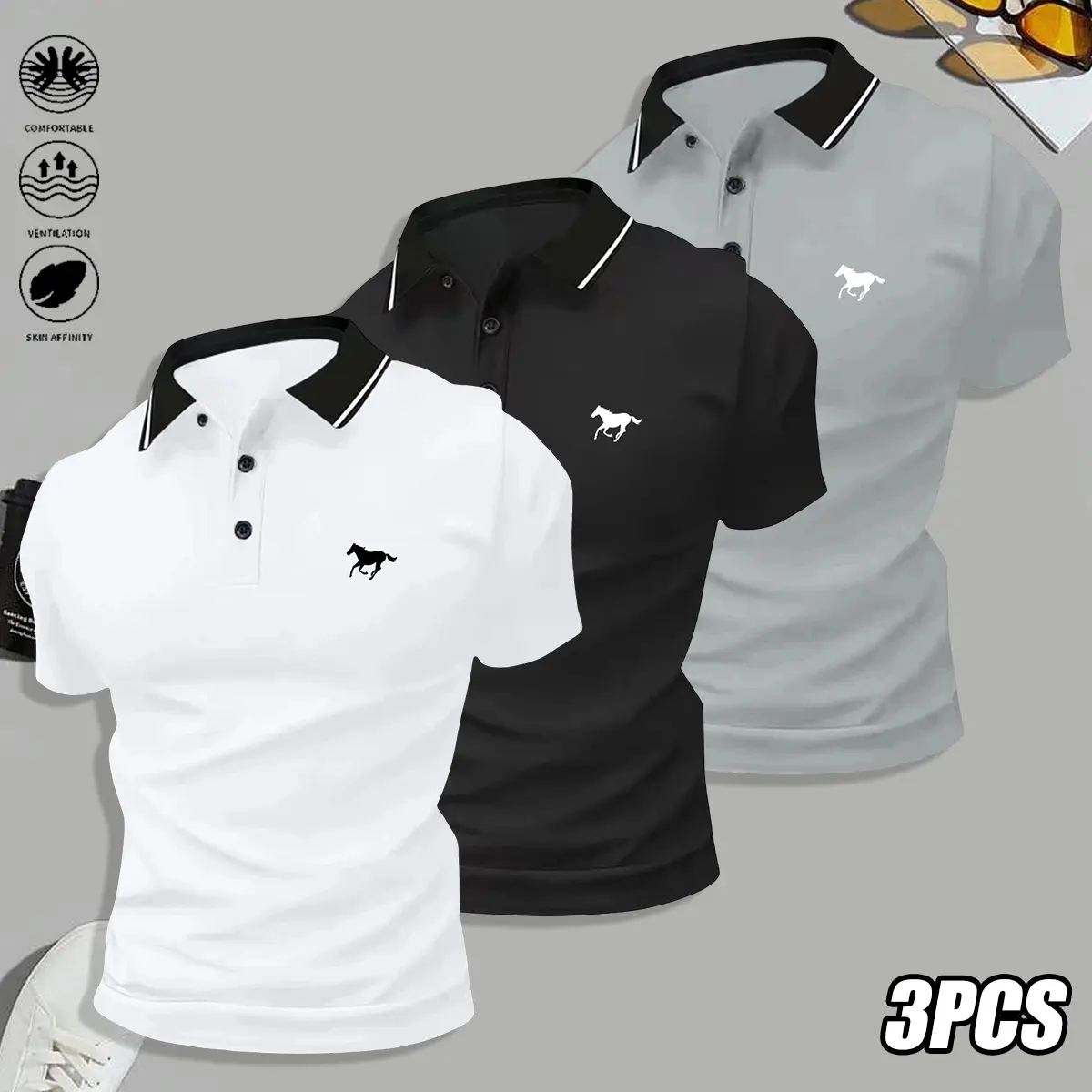Men’s Casual 3-Piece Short-Sleeve Polo Shirt Set, Polyester Fabric, Outdoor Ready, Ideal for Outdoor Sports & Golf, Summer Menswear
