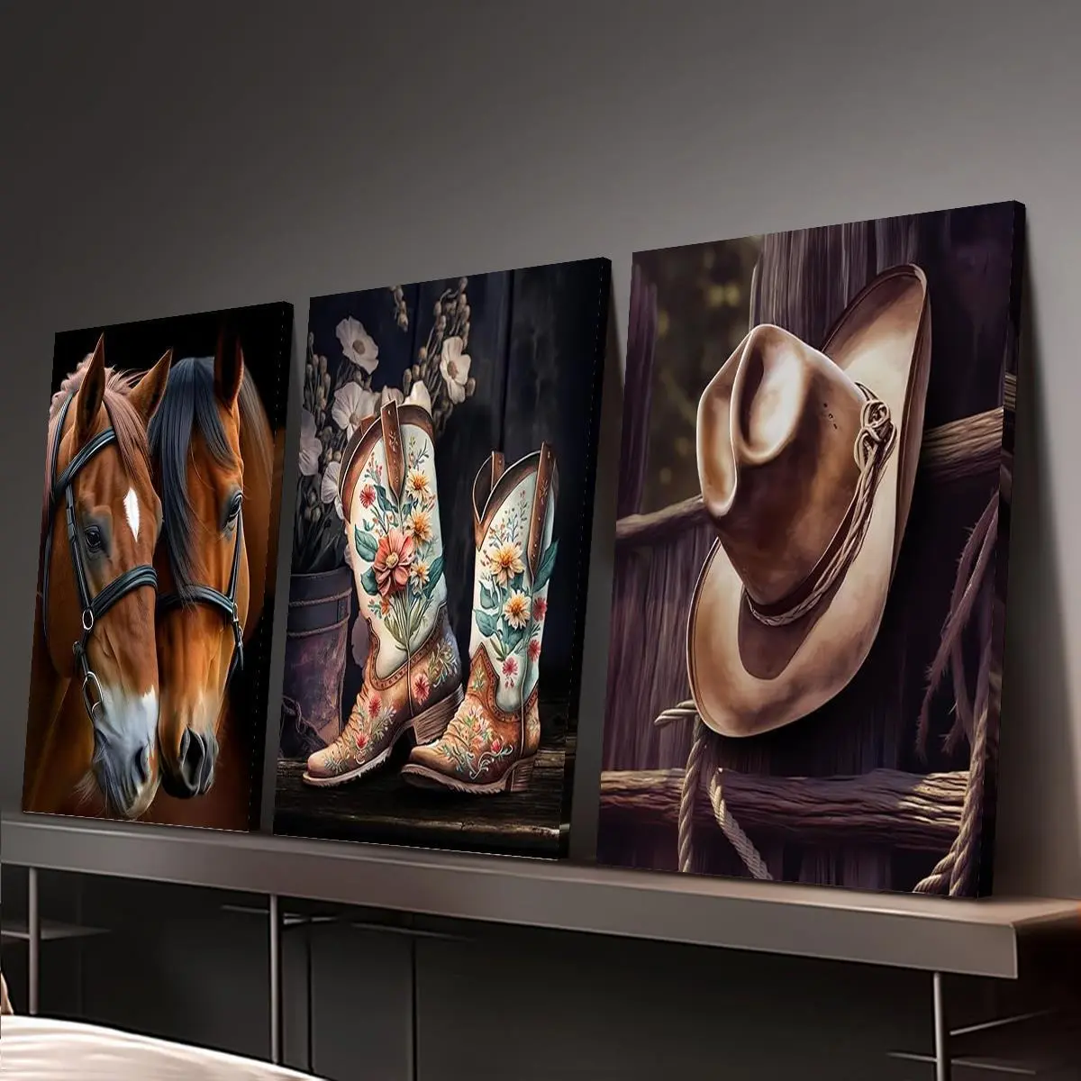 Western Cowboy Hat & Horse Pattern 3-Piece Pine Wood Framed Wall Art Prints, Decorative Framed Set Wall Decor for Living Room, Bedroom Home Supplies