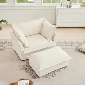 Modern Single Sofa Chair with Ottoman, 49" Slipcovered Armchair Oversized Upholstered Accent Chair, Comfy Cloud Deep Seat Sofa with 2 Throw Pillows for Living Room Apartment, Chenille Fabric
