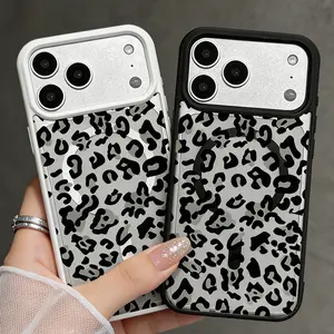 Trendy Leopard Print iPhone Case, Black White Animal Pattern Clear Phone Cover, Fashion Shockproof Case for iPhone 11-17 Pro Max MKCX20260506004 Military Grade Rotating Camera