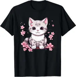Cute Cat With Cherry Blossoms Cat Lover Summer Casual Shortsleeve Cotton T-Shirt