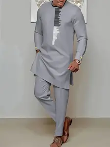 Traditional Muslim African Style Men's Wedding Suit Set, Round Neck Long Sleeve Top and Pants, 2 Piece Set, Formal Wear