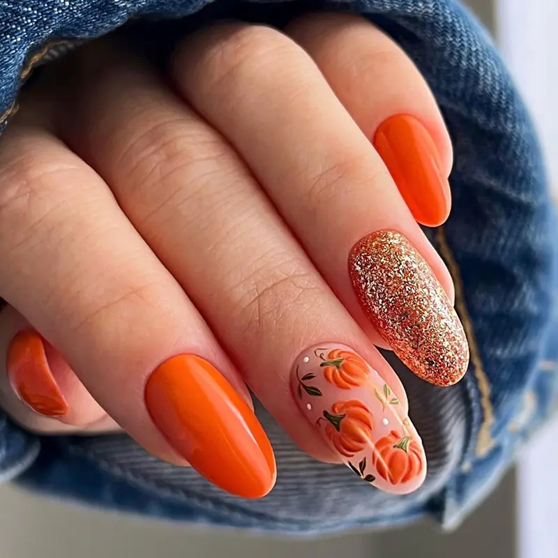 24Pcs Medium Oval Fall Pumpkin Press On Nails, Orange Glitter Nude Fake Nails, Autumn Thanksgiving Halloween Reusable False Nails for Daily Holiday