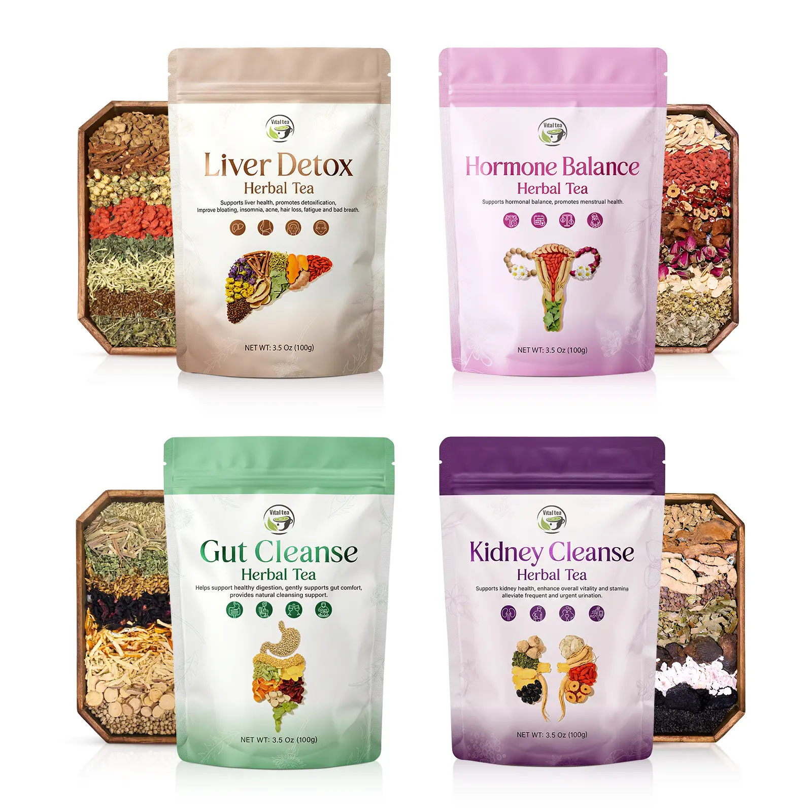 Natural Herbal Tea 3 pcs Combo - Liver/Kidney/Lung/Gut Health Support | Hormone Balance | Organic Herbal Ingredients - Natural Daily Beverage for Family | iTREE · Vital-Tea