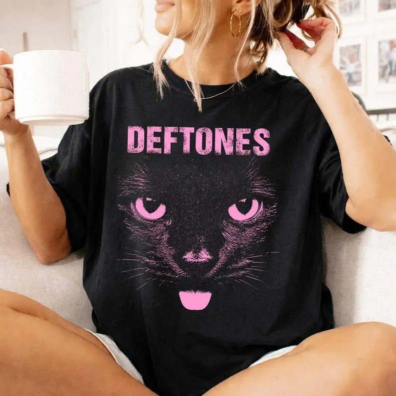 Deftones Black Cat Graphic Tee, Retro Pink Band Shirt