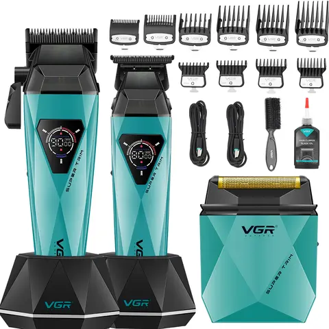 VGR 877S3 Professional Ceramic Clippers & Trimmer Set - Cordless Barber Equipment, Adjustable Speed, Foil Shaver, LED Display, Charging Base, USB Port, Fast Charging, 180 Minutes Trimming, Home/Barber Male Short Hair Grooming Kit